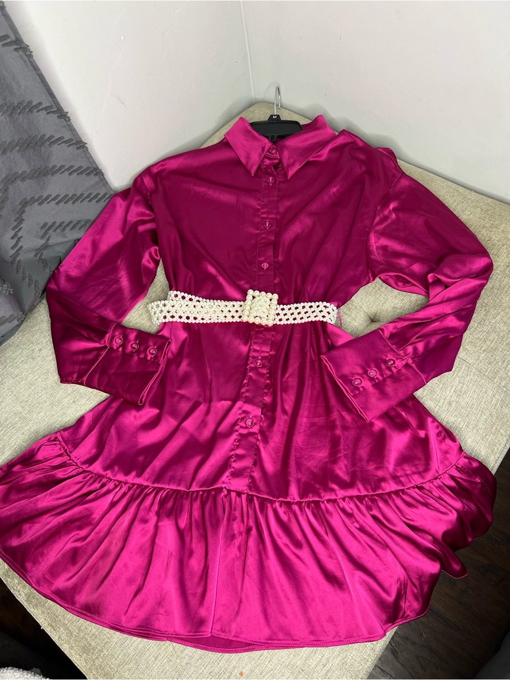 H&M' Fuchsia Satin Shirt Mini Dress with Pearl Belt